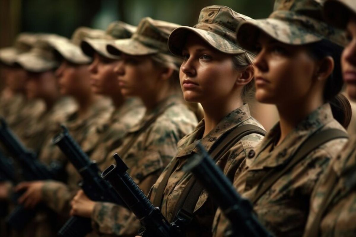 Visão de um pelotão feminino. Há muitas mulheres, uma ao lado da outra