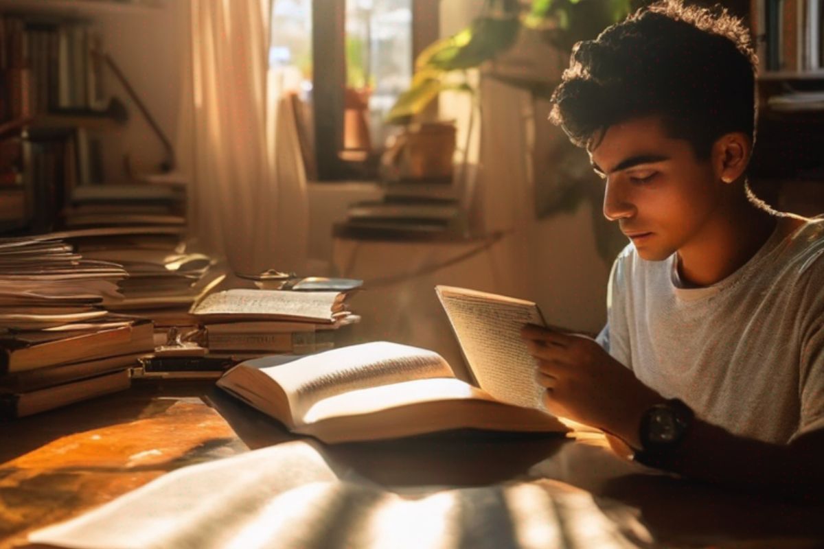 Um aluno está estudando em seu quarto para o Vestibular FATEC 2025. É possível ver diversos livros, e ele lê um