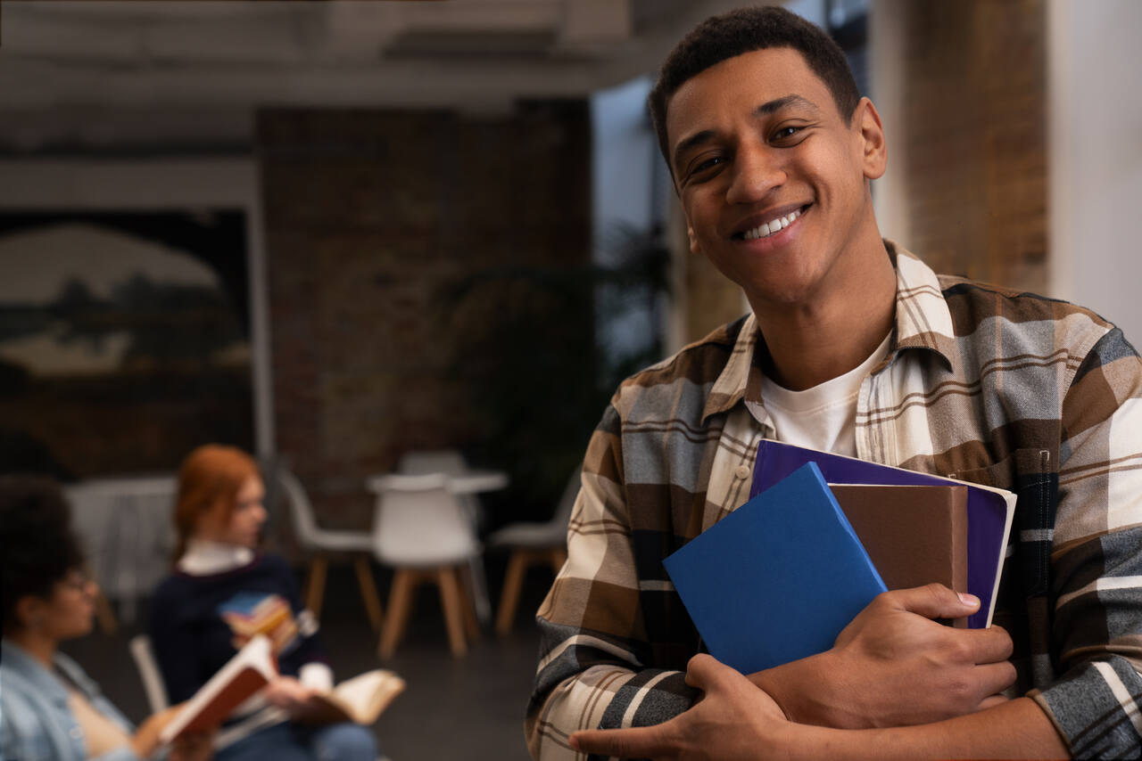 Jovem adulto estudante segurando livros posa sorridente com colegas ao fundo 