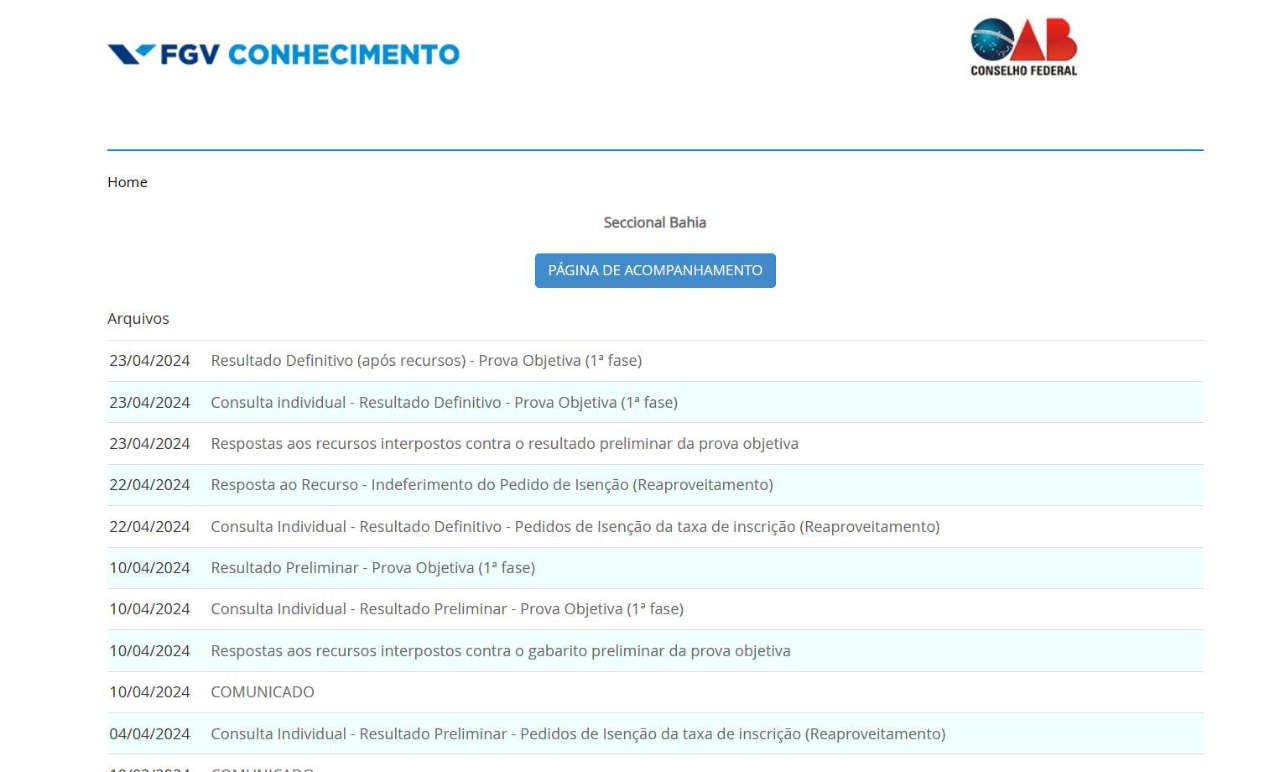 Página de inscrição e acompanhamento da OAB 2025