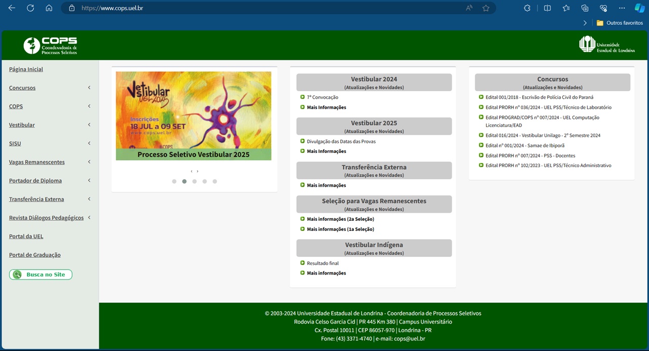 Portal da COPS para inscrição no vestibular da UEL 