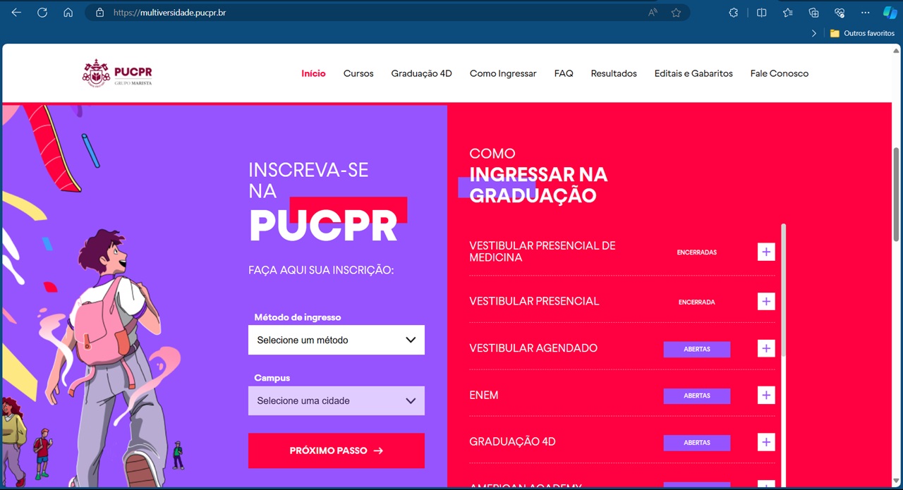 Portal de inscrições na PUCPR 