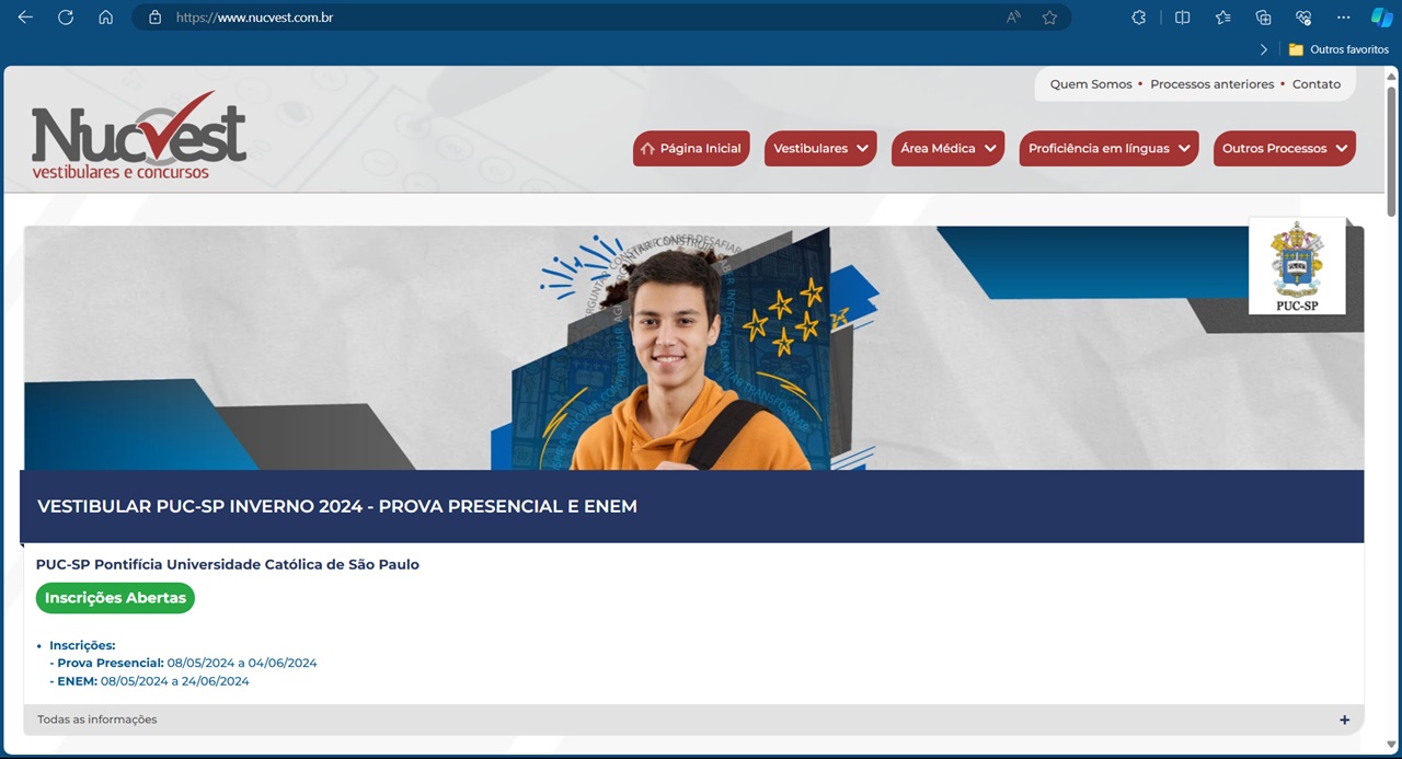 Portala da Nucvest para inscrição no vestibular da PUC-SP 