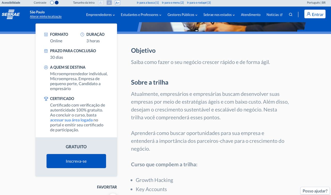 cursos gratuitos no Sebrae