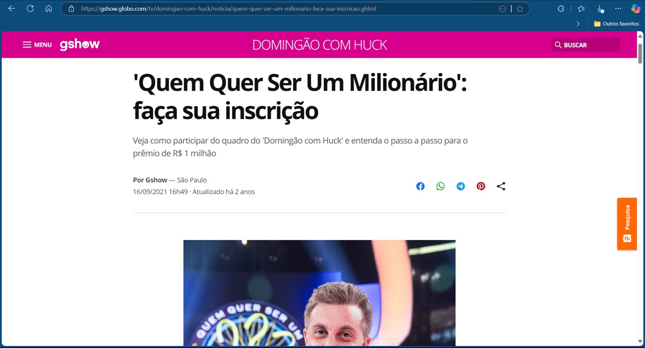 Página de inscrição de Quem quer ser um milionário